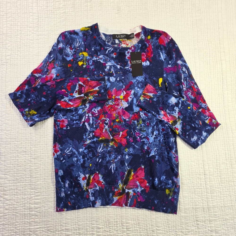 LRL Lauren Ralph Lauren Navy Botanical Knit Pullover Top NWT Womens Size Medium